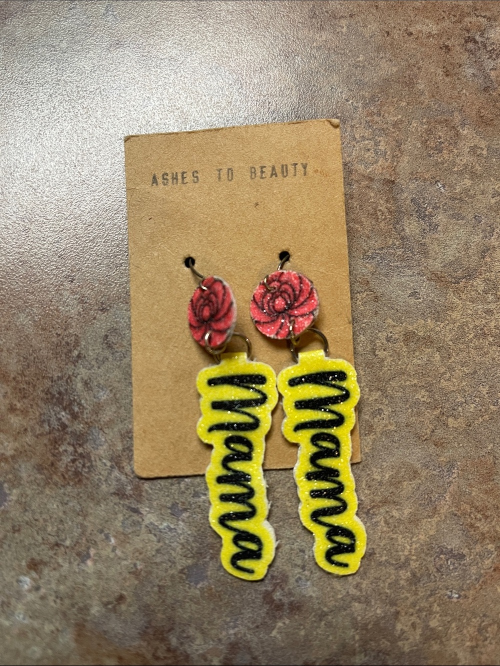 "Mama" Yellow Glitter Dangle Earrings with Red Rose Studs - Ashes to Beauty